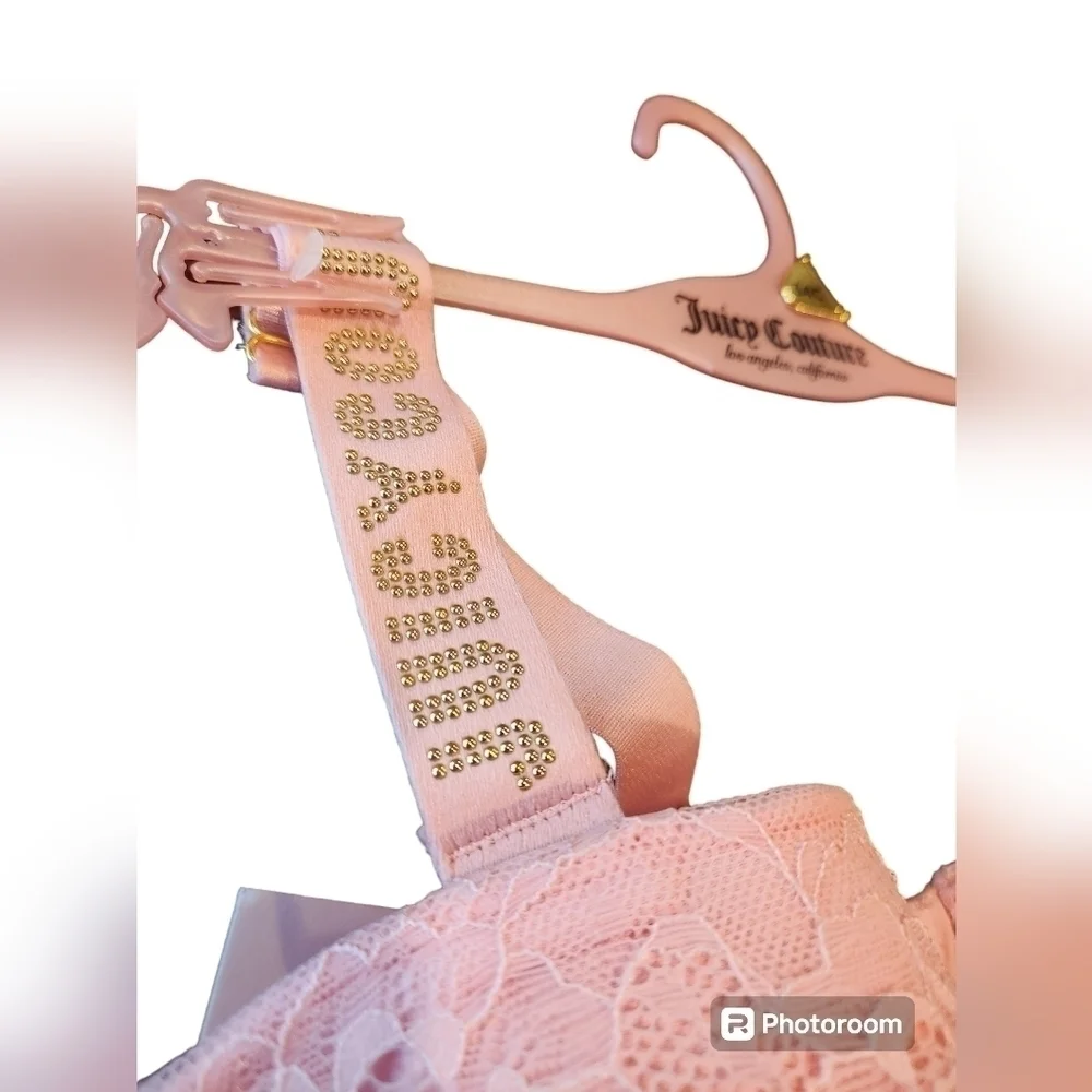 Juicy Couture Pink Lace Bustier, Gold Studded Logo Straps, 34C, New With Tags - Picture 8 of 10